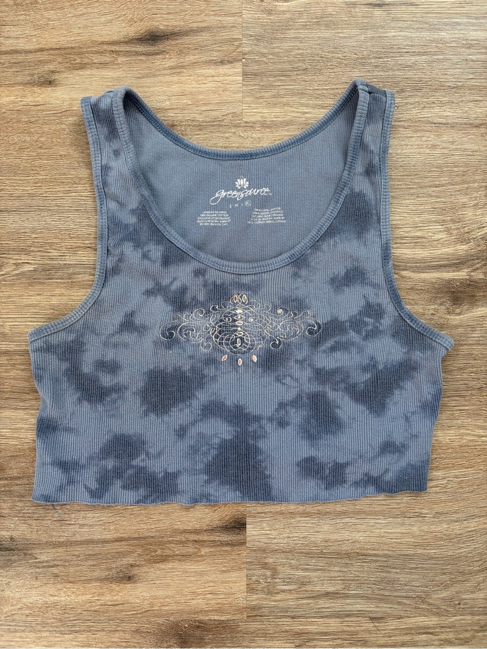 Y2K Women's Blue Tie-Dye Ribbed Crop Tank with Metallic Motif